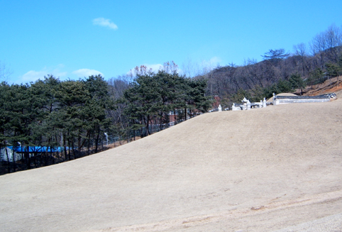 명릉 인원왕후 능상 뒤로 보이는 빨간 벽돌 건물이 기무사훈련학교다. 